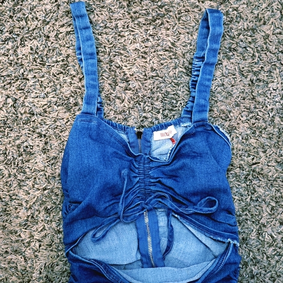 MELEPE Ruched Denim Bodycon Mini Dress – Cutout, Zip Front, Size L - Picture 5 of 7